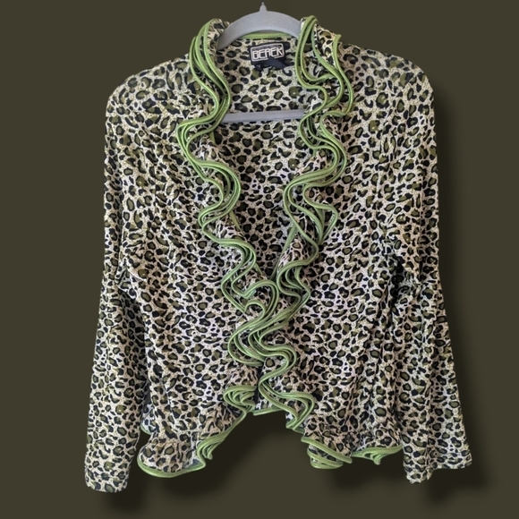 The Collective Works Of Berek Neon Green Leopard Print Ruffle Cardigan Retro Y2K - Picture 1 of 10